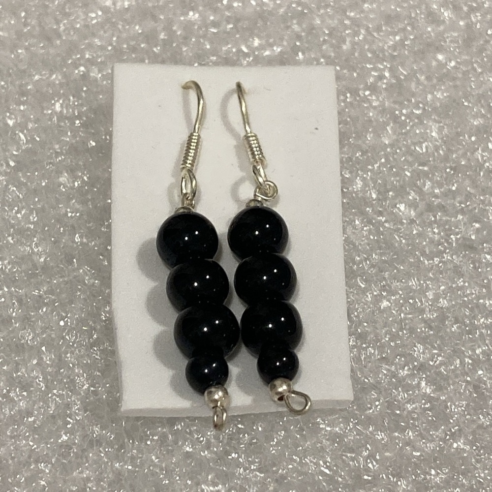 NWOT - Black Onyx Triple Ball Beaded Long Drop Style Mexican Silver Earrings